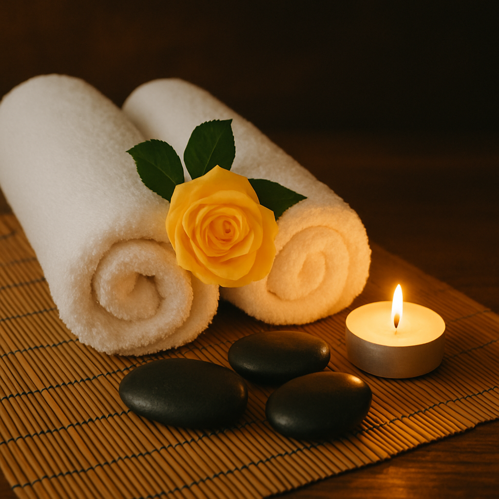 Wellness-Atmosphäre bei Yan Massage in Singen – Handtücher, gelbe Rose, Massage-Steine und Kerze für Entspannung und Wohlbefinden.